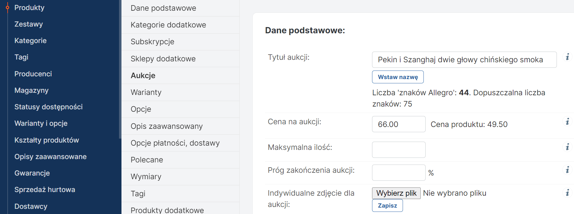 edycja produktu aukcje